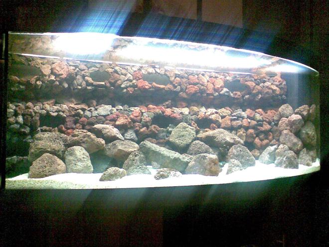 120 gallons freshwater fish tank (mostly fish and non-living decorations) - this is my new tank,juwel 450 vision bowfront.eheim canister filter as well as the juwel power head filter.crushed coral sand,30kg of lava rock and a home made background made from guttering and lava rock. no fish in this photo,they are in the tank now but im struggling to get a good photo.