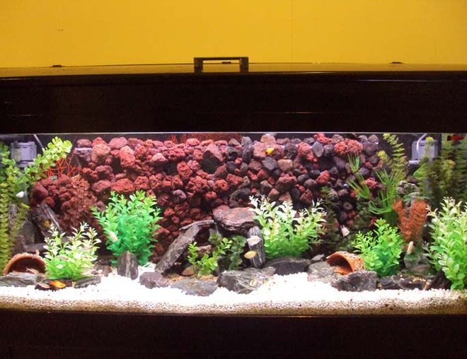 55 gallons freshwater fish tank (mostly fish and non-living decorations) - 4ft tank, just re-jigged tank and added new background with tunnels through the back of it.  There are about 12 tunnels for the fish to go into.  Not to sure on the terminology, have 1500L external filter, with under-gravel filter with powerheads.  All up it seems to be going quite well at the moment.