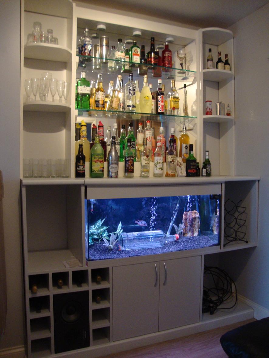 46 gallons freshwater fish tank (mostly fish and non-living decorations) - Fish tank built into bar - filters etc hidden in cupboard underneath